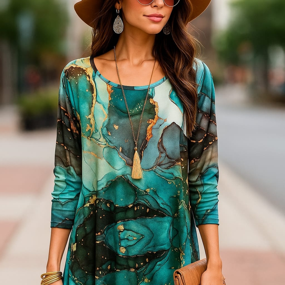 Marble Print Long Sleeve Tunic Top – Turquoise, Black And Gold